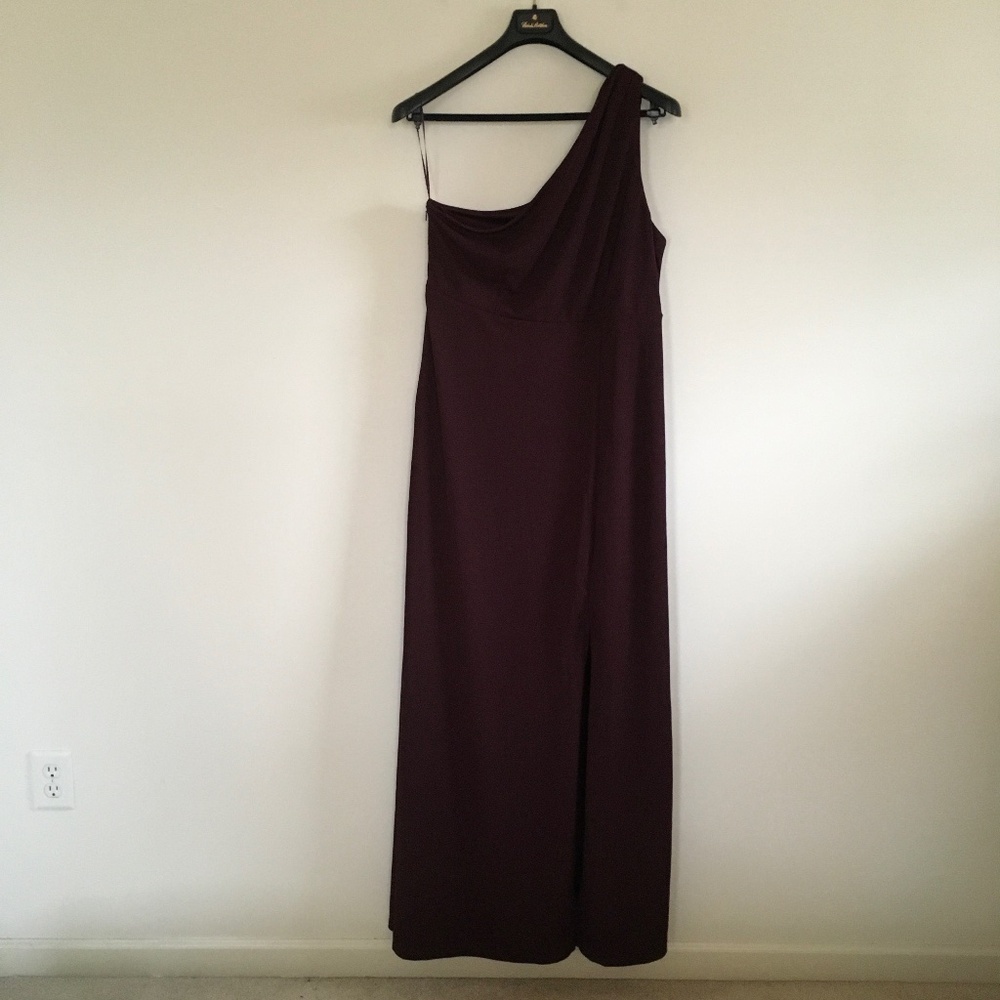 NWT Birdy Grey Crepe Cabernet Kira One Shoulder Bridesmaid Dress 2XL Flowy Slit